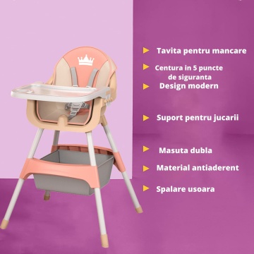 Scaun de Masa 3in1 pentru Bebelusi si Copii, Varsta 6-72 luni, Inaltime Ajustabila, Centura de Siguranta in 5 Puncte, Tavita Reglabila si Detasabila, Loc pentru Depozitare, Roz - Img 4