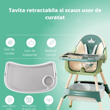 Scaun de Masa 3in1 pentru Bebelusi si Copii, Varsta 6-72 luni, Inaltime Ajustabila, Centura de Siguranta in 5 Puncte, Tavita Reglabila si Detasabila, Loc pentru Depozitare, Verde - Img 6