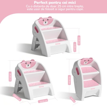 Scaunel Copii Mavio®, Model Little Bear, Scara cu Suprafata Antialunecare, Inaltator WC in Doua Trepte, Maner Transport, Taburet Pliabil pentru Baie, Toaleta, Chiuveta, Bucatarie, Greutate Suportata 68kg, Roz - Img 4