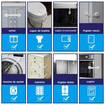 Set 6 Sigurante Usi Copii, Blocheaza Sertare, Frigider, Congelator, Ajustabile pe Lungime, Adeziv Puternic 3M, Fara Urme dupa Indepartare, Sistem de Inchidere Dublu, Alb - Img 5