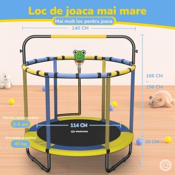 Trambulina pentru Copii Mavio®, 140 cm, Interior/Exterior, cu Bara de Sustinere, Cos si Minge de Baschet Incluse, Plasa de Protectie Interioara, Cadru din Otel Galvanizat, Design Anti-Cadere, Capacitate 45 kg, Sigura si Stabila - Img 6