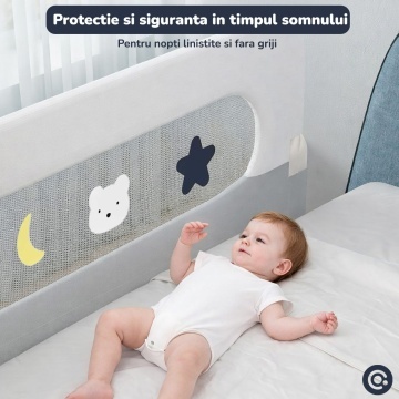 Bariera de Protectie Laterala pentru Pat Mavio®, 180 x 60 cm, Bariera Siguranta Pat Copii, Cadru Otel, Material Oxford 300D + Poliester, Inaltime 60 cm, Pliabila, Sistem Fixare Sigur pentru Saltea, Gri - Img 2