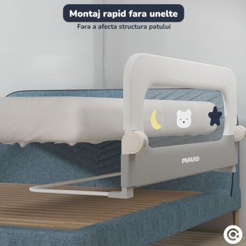 Bariera de Protectie Laterala pentru Pat Mavio®, 200 x 60 cm, Bariera Siguranta Pat Copii, Cadru Otel, Material Oxford 300D + Poliester, Inaltime 60 cm, Pliabila, Sistem Fixare Sigur pentru Saltea, Gri - Img 4