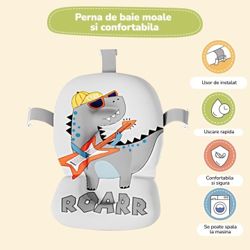 Cadita Pliabila pentru Bebelusi Mavio®, Model Little Dino, 0 - 36 Luni, 32 Litri, 63 cm, Perna de Baie Hipoalergenica, Termometru Incorporat, Suport Cap de Dus, Dop Scurgere, Picioare Antiderapante, Gaura Agatare, Gri - Img 6