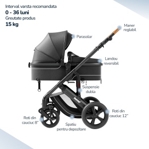 Carucior 2 in 1 pentru Bebelusi Mavio® Adventure, Landou Reversibil, Inclinare Sezut in 3 Pozitii, Pliabil, Tip Troller, Centura, 0 - 36 luni, Negru - Img 3