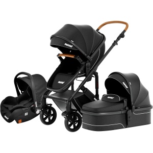 Carucior 3 in 1 pentru Bebelusi Mavio® Adventure, Landou Reversibil, Scoica Copii, Roti cu Suspensie, Greutate Maxima 25 kg, Pliabil, Tip Troller, Centura, 0 - 36 luni, Negru