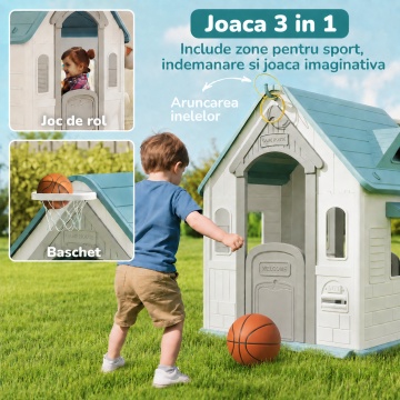 Casuta de Joaca pentru Copii Mavio®, Joaca 3 in 1 in Gradina, Baschet, Aruncarea Inelelor, Joc de Rol, Usa, Ferestre, Cadru Rezistent, Margini Fine, Interior si Exterior, Varsta Recomandata 2 ani+, Alb/Turcoaz - Img 2