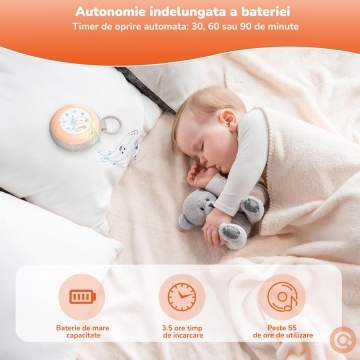 Dispozitiv Sunete Albe Portabil Mavio® pentru Bebelusi si Adulti, 24 Sunete Relaxante, 2 Functii Inregistrare, Bluetooth, 7 Culori Ambientale, Lumina Veghe, Baterie Reincarcabila 2000 mAh, Difuzor 3W, Temporizator 30/60/90 min, Lumina de Noapte, Alb - Img 5