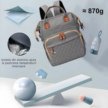 Geanta Mavio®, pentru Mamici si Copii, 17 Compartimente, Port Incarcare Telefon, Buzunar Termic, 56 L, Gri - Img 3