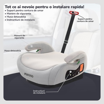 Inaltator Auto pentru Bebelusi si Copii Mavio®, Model RideUp, Fixare Centura Masina, Certificat R129, i-Size, 125-150cm, Gri Deschis - Img 2