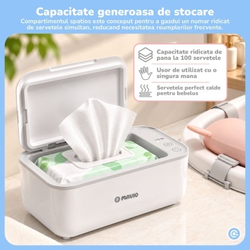 Incalzitor Servetele Umede pentru Bebelusi Mavio®, Ingrijire Nou-Nascuti, Capacitate 80-100 Servetele, 3 Trepte de Incalzire, Control Tactil, Incalzire Constanta, Mentine Umiditatea, 220-240V - Img 3