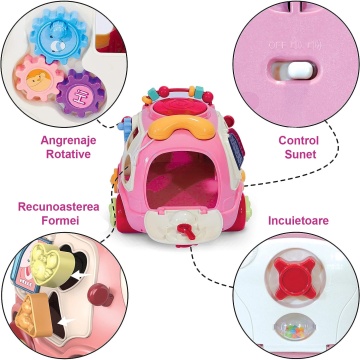 Jucarie Interactiva pentru Copii Mavio®, Autobuz Muzical Educativ cu Telefon, Sunete si Instrumente Muzicale, Puzzle si Piese Rotative, Invata Numere si Animale, Sfoara de Tras si Roti, Volum Reglabil, Plastic fara BPA, 1-3 Ani, Roz - Img 6