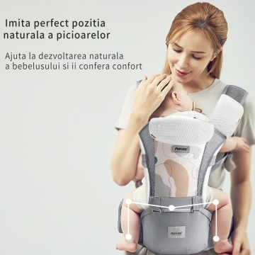 Marsupiu Bebe Mavio®, Ergonomic, Multifunctional cu 6 Pozitii de Purtare, Rucsac sau Frontal, intre 0 si 36 de luni, Reglabil, Greutate Maxima 14.9 kg, Extensie Sold, Protectie Cap, Bumbac si Poliester, Buzunar Depozitare, Gri - Img 8