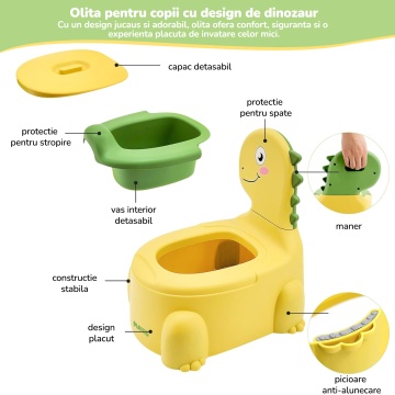Olita pentru Copii Mavio®, Model Dinozaur, Colac Moale, Design Ergonomic, Non-Toxic, Varsta 1-6 Ani, Compartiment Detasabil, Maner Transport, Usor de Curatat, Picioare Anti-derapante, Galben - Img 2