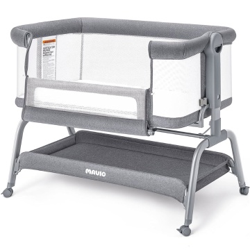 Patut Co-Sleeper Mavio®, pentru Bebelusi 0-6 Luni, Greutate Maxima 15 kg, 6 Trepte de Reglare a Inaltimii 43-57 cm, Laterale din Plasa 360°, Cadru Rezistent din Fier, Material din Tesatura de In, Gri