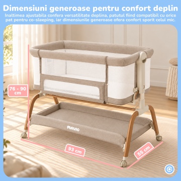 Patut Co-Sleeper Mavio®, pentru Bebelusi 0-6 Luni, Greutate Maxima 15 kg, 6 Trepte de Reglare a Inaltimii 43-57 cm, Laterale din Plasa 360°, Cadru Rezistent din Fier, Material din Tesatura de In, Bej - Img 7