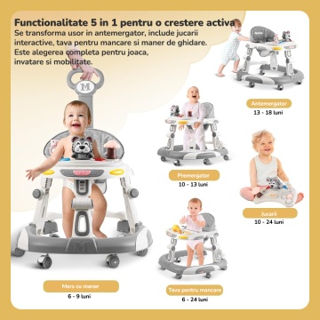 Premergator Copii 2 in 1 Mavio®, Model EasyRide, Rotobil pentru Bebelusi, Mod Antemergator, Varsta Recomandata 6-36 Luni, Maner, Pliabil, Inaltime Ajustabila, Jucarii Interactive, Anti Cadere, Roti 360 Grade, Masuta Mancare Bebe, Tavita cu Sunete, Gri - Img 3