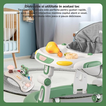 Premergator Copii 2 in 1 Mavio®, Model EasyRide, Rotobil pentru Bebelusi, Mod Antemergator, Varsta Recomandata 6-36 Luni, Maner, Pliabil, Inaltime Ajustabila, Jucarii Interactive, Anti Cadere, Roti 360 Grade, Masuta Mancare Bebe, Tavita cu Sunete, Verde - Img 4