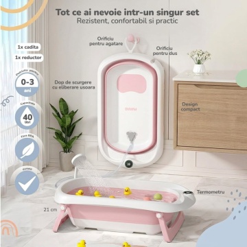 Resigilat - Cadita Pliabila pentru Bebelusi Mavio®, Model BabySpa, Reductor Ergonomic, Termometru Digital Incorporat, 0–36 Luni, 40L Capacitate, 83 cm, Dop Scurgere, Suport Dus, Picioare Antiderapante, Design Compact, Roz - Img 2