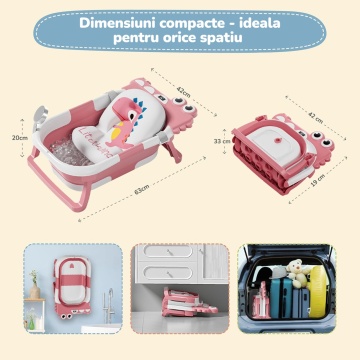 Resigilat - Cadita Pliabila pentru Bebelusi Mavio®, Model Little Dino, 0 - 36 Luni, 32 Litri, 63 cm, Perna de Baie Hipoalergenica, Termometru Incorporat, Suport Cap de Dus, Dop Scurgere, Picioare Antiderapante, Gaura Agatare, Roz (Copy 1) - Img 5