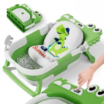 Resigilat - Cadita Pliabila pentru Bebelusi Mavio®, Model Little Dino, 0 - 36 Luni, 32 Litri, 63 cm, Perna de Baie Hipoalergenica, Termometru Incorporat, Suport Cap de Dus, Dop Scurgere, Picioare Antiderapante, Gaura Agatare, Verde