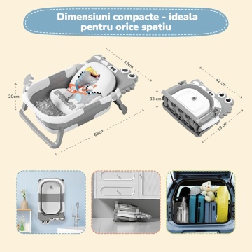 Resigilat - Cadita Pliabila pentru Bebelusi Mavio®, Model Little Dino, 0 - 36 Luni, 32 Litri, 63 cm, Perna de Baie Hipoalergenica, Termometru Incorporat, Suport Cap de Dus, Dop Scurgere, Picioare Antiderapante, Gaura Agatare, Gri - Img 5