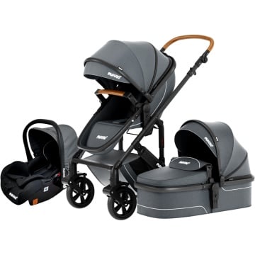 Resigilat - Carucior 3 in 1 pentru Bebelusi Mavio® Adventure, Landou Reversibil, Scoica Copii, Roti cu Suspensie, Greutate Maxima 25 kg, Pliabil, Tip Troller, Centura, 0 - 36 luni, Gri - Img 1