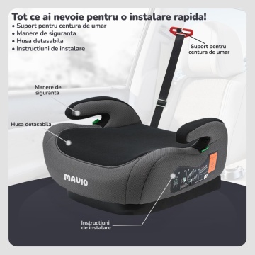 Resigilat - Inaltator Auto pentru Bebelusi si Copii Mavio®, Model RideUp, Fixare Centura Masina, Certificat R129, i-Size, 125-150cm, Gri Inchis - Img 3