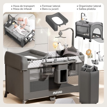 Resigilat - Patut Bebelusi Mavio®, Model NovaLux, Pliabil, 2 Etaje, Masa Infasat, Carusel Jucarii, Fermoar Laterial, Geanta, Greutate Maxima 15 kg, Saltea Inclusa - Img 4
