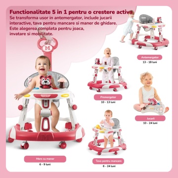 Resigilat - Premergator Copii 2 in 1 Mavio®, Model EasyRide, Rotobil pentru Bebelusi, Mod Antemergator, Varsta Recomandata 6-36 Luni, Maner, Pliabil, Inaltime Ajustabila, Jucarii Interactive, Anti Cadere, Roti 360 Grade, Masuta Mancare Bebe, Roz - Img 5