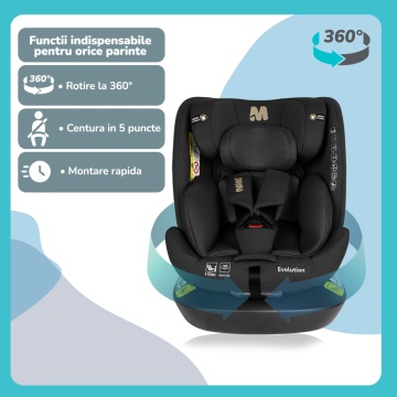 Resigilat - Scaun Auto Bebelusi Mavio®, Model Evolution, 40-150 cm, 360 de grade, ISOFIX, Copii intre 0 - 12 ani, Omologat i-Size R129, Negru - Img 7