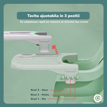 Resigilat - Scaun de Masa 3in1 pentru Bebelusi si Copii Mavio®, Model Petite, Varsta 6-36 luni, Inaltime Ajustabila, Centura de Siguranta in 5 Puncte, Tavita Reglabila si Detasabila, Loc pentru Depozitare, Verde - Img 3