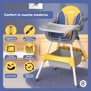 Resigilat - Scaun de Masa 3in1 pentru Bebelusi si Copii Mavio®, Model Petite, Varsta 6-36 luni, Inaltime Ajustabila, Centura de Siguranta in 5 Puncte, Tavita Reglabila si Detasabila, Loc pentru Depozitare, Albastru - Img 2