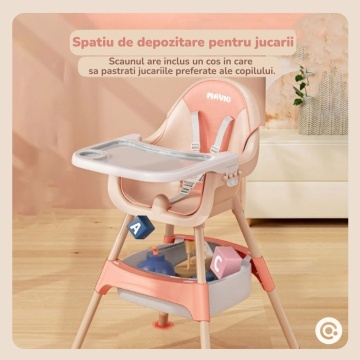 Resigilat - Scaun de Masa 3in1 pentru Bebelusi si Copii Mavio®, Model Petite, Varsta 6 - 36 luni, Inaltime Ajustabila, Centura de Siguranta in 5 Puncte, Tavita Reglabila si Detasabila, Loc pentru Depozitare, Roz - Img 4