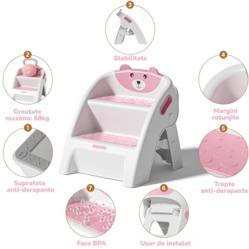 Resigilat - Scaunel Copii Mavio®, Model Little Bear, Scara cu Suprafata Antialunecare, Inaltator WC in Doua Trepte, Maner Transport, Taburet Pliabil pentru Baie, Toaleta, Chiuveta, Bucatarie, Greutate Suportata 68kg, Roz - Img 6