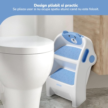 Resigilat - Scaunel Copii Mavio®, Model Little Bear, Scara cu Suprafata Antialunecare, Inaltator WC in Doua Trepte, Maner Transport, Taburet Pliabil pentru Baie, Toaleta, Chiuveta, Bucatarie, Greutate Suportata 68kg, Albastru - Img 7