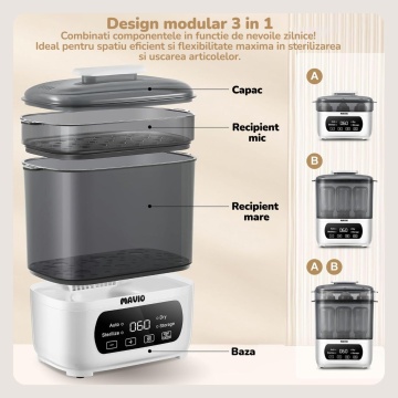Resigilat - Sterilizator Electric si Uscator Mavio®, Model Elite, Capacitate 6 - 10 Biberoane, Functii: Sterilizare, Uscare Rapida, Depozitare, Auto, 600W, Control Tactil, Ceas Digital - Img 5