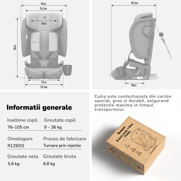 Scaun Auto Bebelusi Mavio®, Model Foldy, 76-150 cm, Unghi Reglabil, ISOFIX, Copii intre 18 luni - 12 ani, Pliabil, Spatar Rabatabil, Omologat i-Size R129, Protectie Impact Lateral, Centura de Siguranta 5 Puncte, Tetiera Reglabila, Husa Detasabila, Gri - Img 9