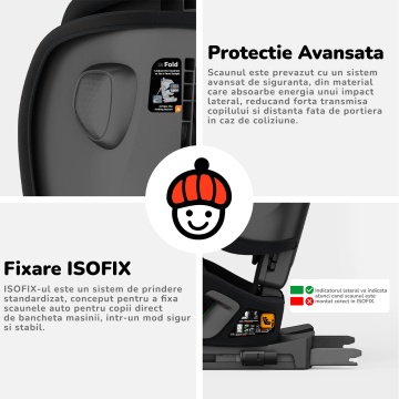 Scaun Auto Bebelusi Mavio®, Model Foldy, Unghi Reglabil, ISOFIX, Copii intre 18 luni - 12 ani, Pliabil, Spatar Rabatabil, Omologat i-Size R129, Protectie Impact Lateral, Centura de Siguranta 5 Puncte, Tetiera Reglabila, Husa Detasabila, Negru - Img 2