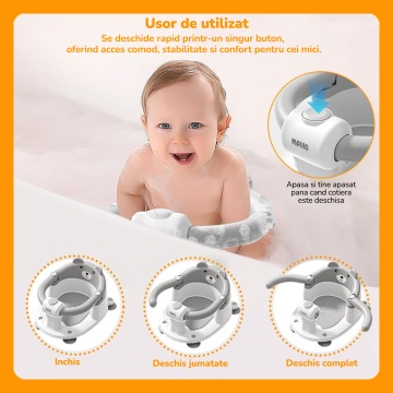 Scaun de Baie pentru Bebelusi Mavio®, Model Little Bear, Sistem Blocare, Varsta 6 luni+, Practic, Usor de Folosit, 4 Ventuze Fixare, Gauri Scurgere, Sezut si Spatar Confortabile, Materiale Sigure, Gri - Img 5