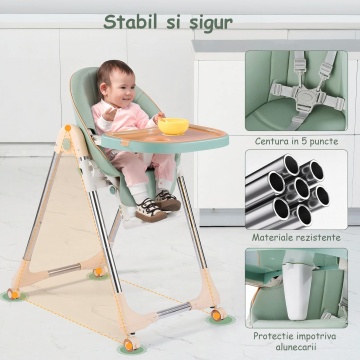 Scaun de Masa 3in1 pentru Bebelusi si Copii, Varsta 6-72 luni, Inaltime Ajustabila, Centura de Siguranta in 5 Puncte, Tavita Reglabila si Detasabila, Greutate Maxima 50kg, Verde - Img 6