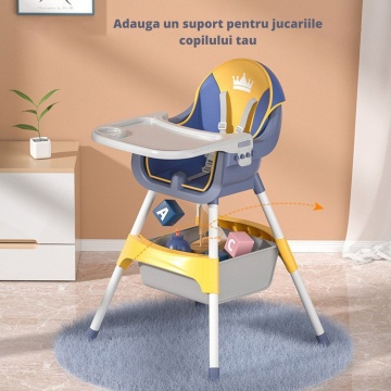 Scaun de Masa 3in1 pentru Bebelusi si Copii, Varsta 6-72 luni, Inaltime Ajustabila, Centura de Siguranta in 5 Puncte, Tavita Reglabila si Detasabila, Loc pentru Depozitare, Albastru - Img 3