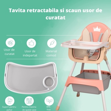 Scaun de Masa 3in1 pentru Bebelusi si Copii, Varsta 6-72 luni, Inaltime Ajustabila, Centura de Siguranta in 5 Puncte, Tavita Reglabila si Detasabila, Loc pentru Depozitare, Roz - Img 5