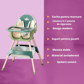 Scaun de Masa 3in1 pentru Bebelusi si Copii, Varsta 6-72 luni, Inaltime Ajustabila, Centura de Siguranta in 5 Puncte, Tavita Reglabila si Detasabila, Loc pentru Depozitare, Verde - Img 7