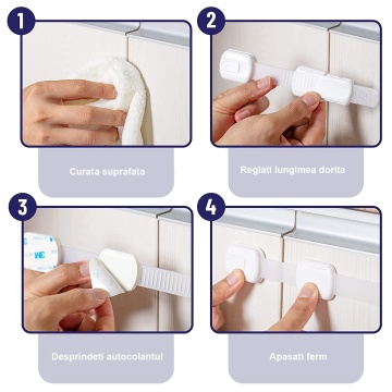 Set 6 Sigurante Usi Copii, Blocheaza Sertare, Frigider, Congelator, Ajustabile pe Lungime, Adeziv Puternic 3M, Fara Urme dupa Indepartare, Sistem de Inchidere Dublu, Alb - Img 6