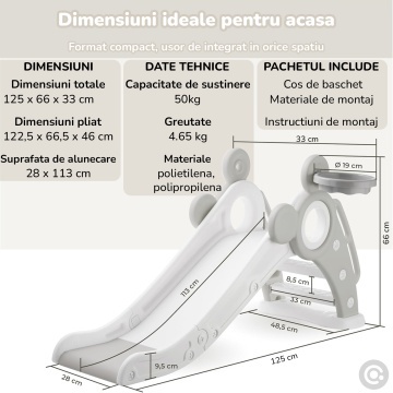 Tobogan Copii Mavio® cu Cos Baschet, 1–4 Ani, Panta Alunecare 115 cm, Structura HDPE Durabila, Pliabil, Stabil si Sigur, Design Ergonomic, Interior/Exterior, Dimensiuni 125x66x33 cm, Gri - Img 6