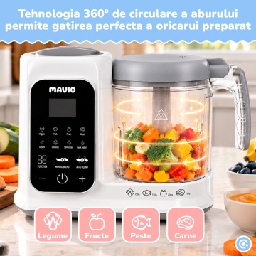 Aparat de Gatit cu Aburi Mavio® pentru Bebelusi, Gatire si Mixare Automata, Mixare Manuala, Functie One-Touch, Timer Automat, Cana 1050 ml, Capacitate Mixare 400 ml, Rezervor Apa 250 ml, Curatare Profunda, BPA Free, 300 W - Img 5