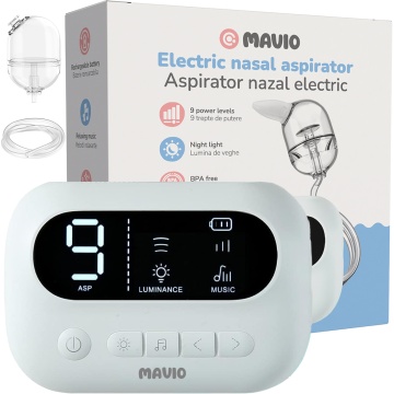 Aspirator Nazal Electric Mavio® pentru Bebelusi si Copii, 9 Trepte de Putere Ajustabile, Functie Muzicala si Lumina de Veghe, Reincarcabil, Varfuri din Silicon Moale, Portabil