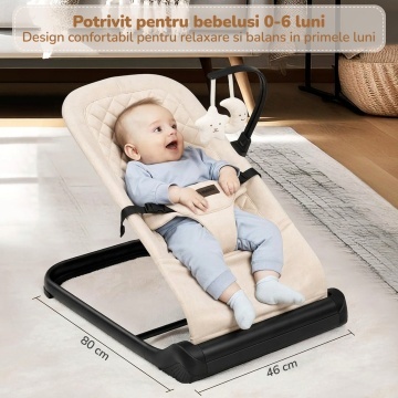 Balansoar Bebelusi Mavio®, 0-6 Luni, Greutate Maxima 9 kg, Reglare Inaltime pe 3 Niveluri, Cadru Rezistent din Fier si Aluminiu, Sezut Confortabil, Design Ergonomic, Stabil si Usor de Transportat, Bej - Img 2