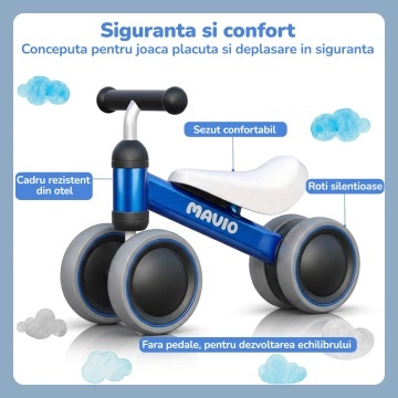 Bicicleta de Echilibru Mavio®, Pentru Copii 12-24 Luni, Greutate Maxima 15 kg, Cadru din Otel Carbon, Roti EVA + PP, Sa Confortabila, Ghidon Stabil, Design Usor si Compact, Ajuta la Dezvoltarea Echilibrului si Coordonarii, Culoare Albastru - Img 6